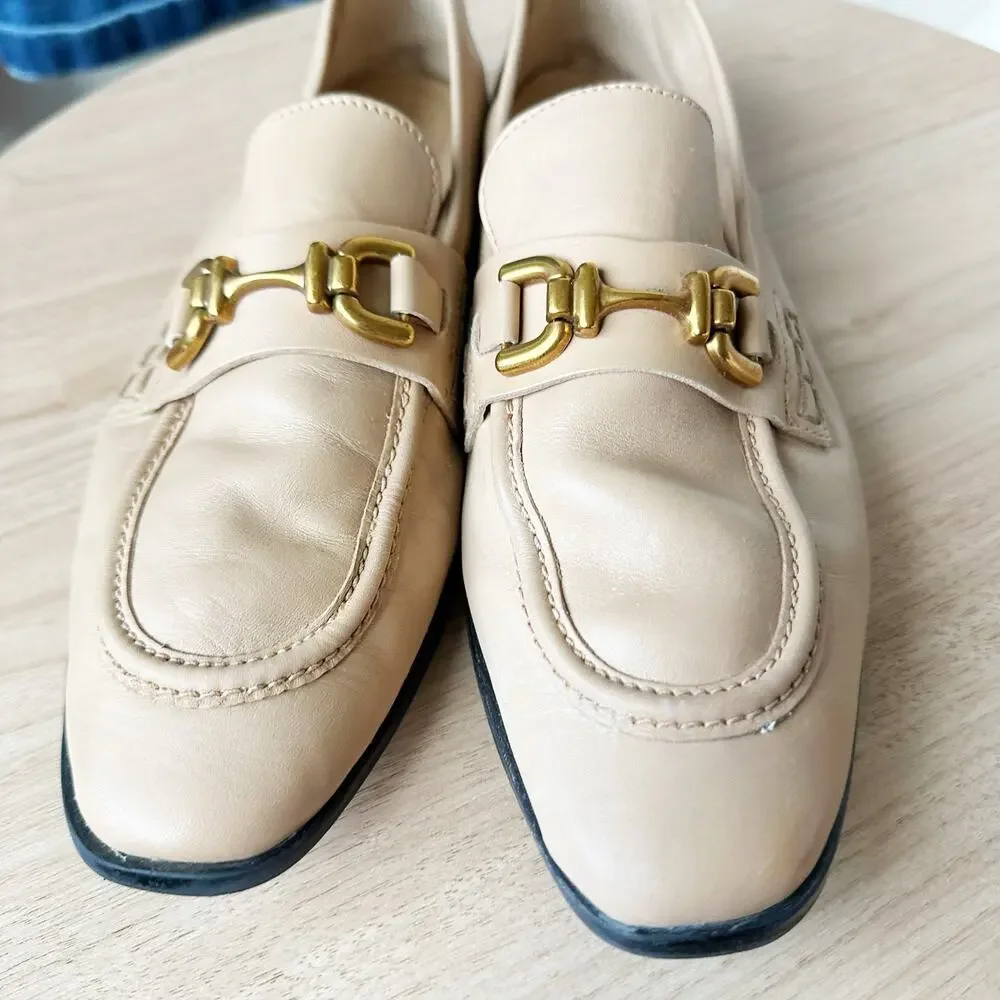 Zara Cream Leather Horsebit Loafers Gold Buckle Flat Shoes EUR 42 US Womens 11